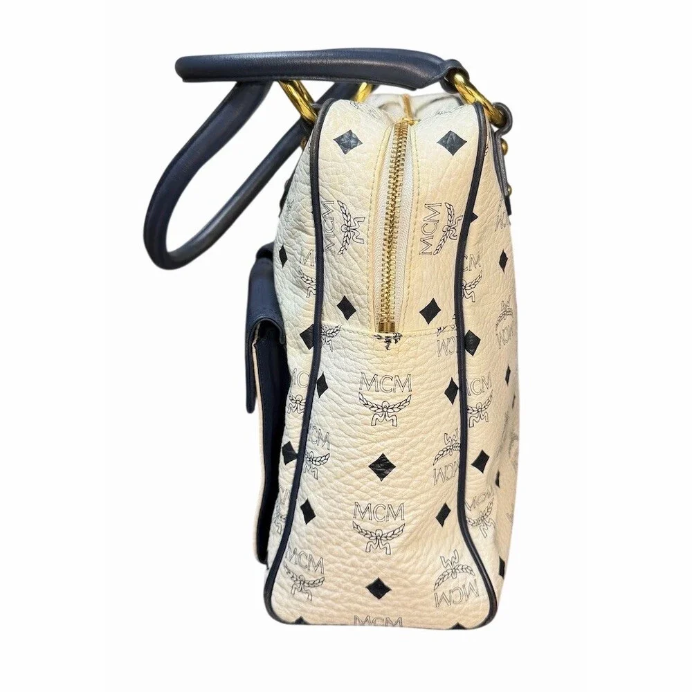 MCM Visetos Double Pocket Satchel Handbag Navy and White with Gold Hardware